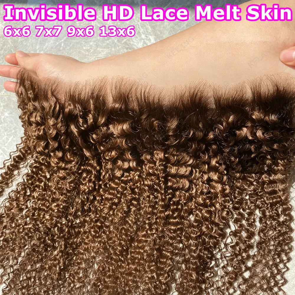 Chocolate Brown 13x6 Invisible HD Lace Frontal Kinky Curly Melt Skin Pre Plucked 9×6 Closure Ear to Ear Brazilian Human Hair
