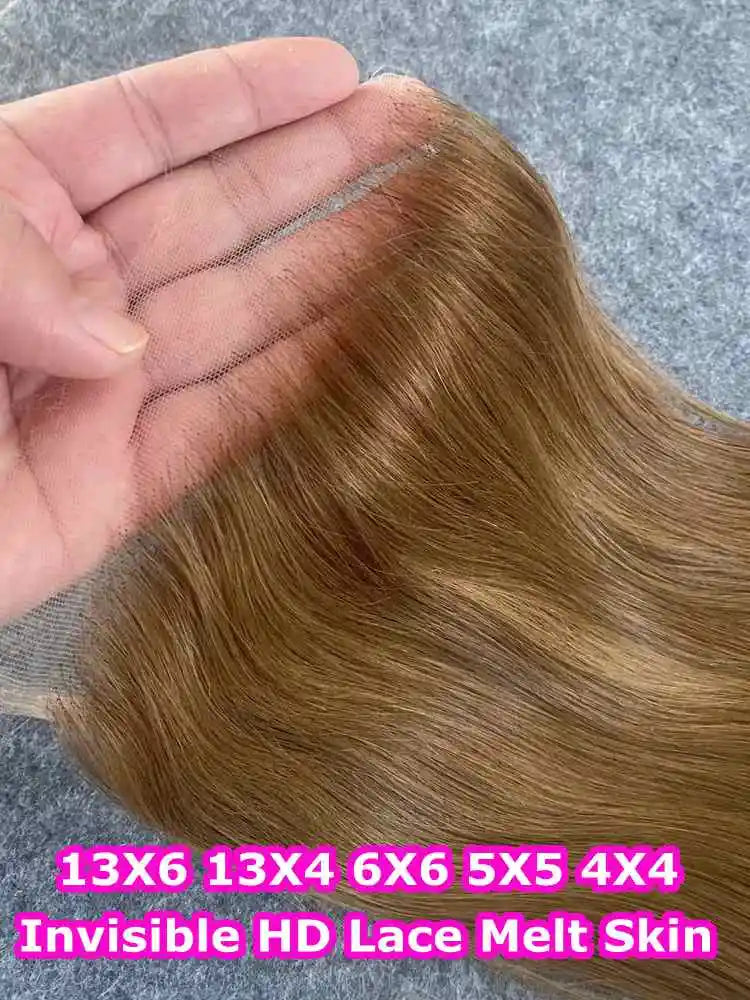 13x4 13x6 HD Lace Frontal Only Melt Skins #27 Honey Blonde Brazilian Remy Straight Human Hair 5x5 6x6 HD Lace Closure PrePlucked