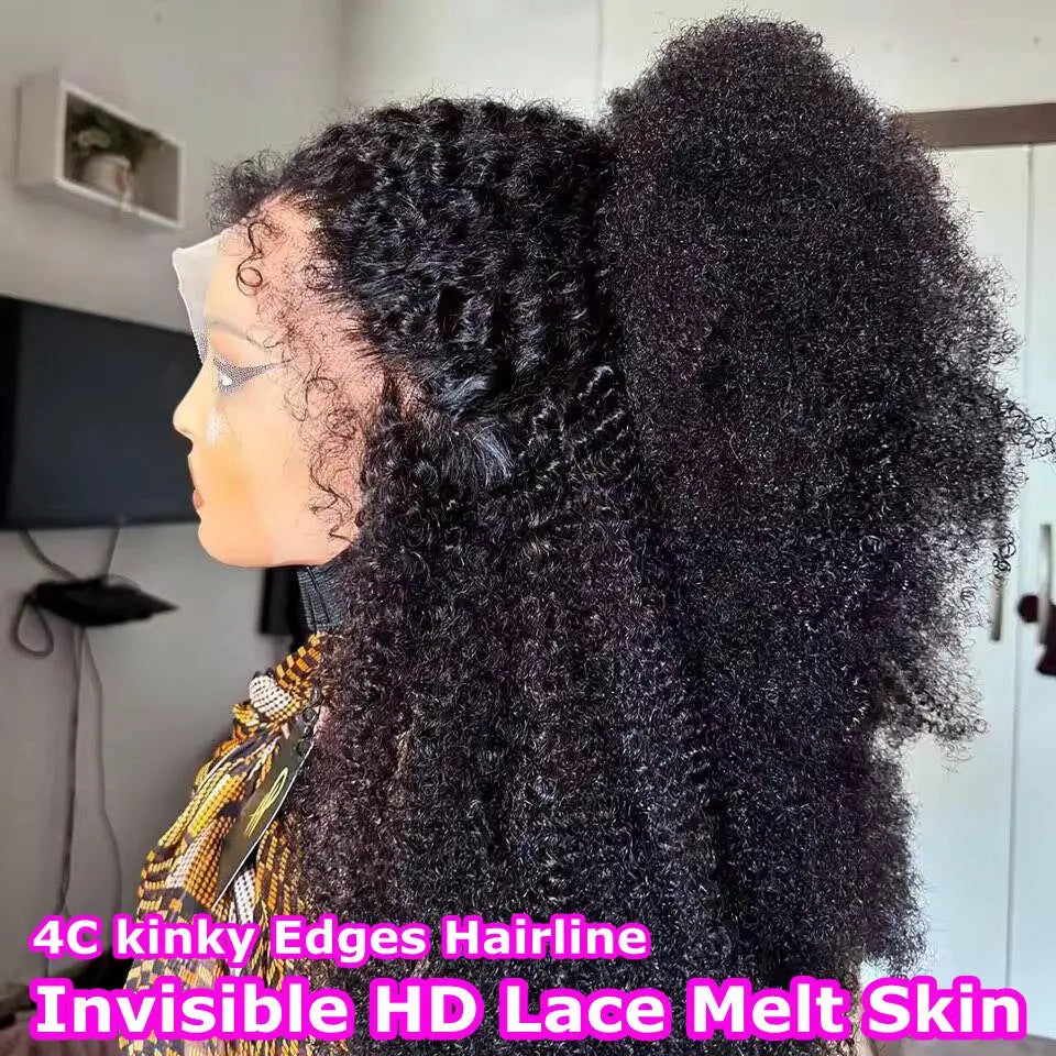 4C Kinky Edges Mongolian Afro Kinky Curly Wig 13x6 HD Lace Frontal Human Hair Wigs Human Hair Curly 5x5 HD Lace Closure Wig