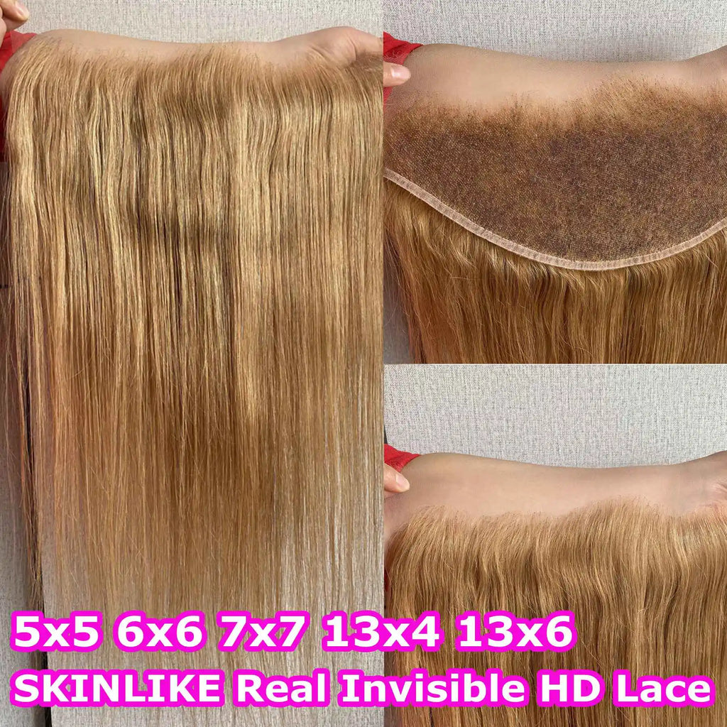 #27 Honey Blonde 13x6 Invisible HD Lace Frontal Bone Straight 6x6 HD Lace Melt Skin Human Hair 100% HD Lace With Small Knots