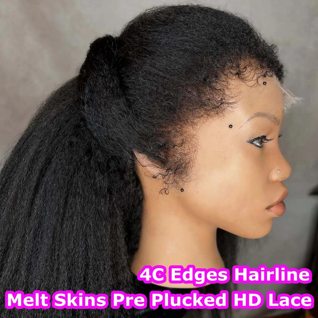 4C Kinky Edges Hairline Curly Baby Hair Invisible HD Lace 13X6 Kinky Straight Lace Frontal Wig Human Hair Yaki Straight Lace Wig