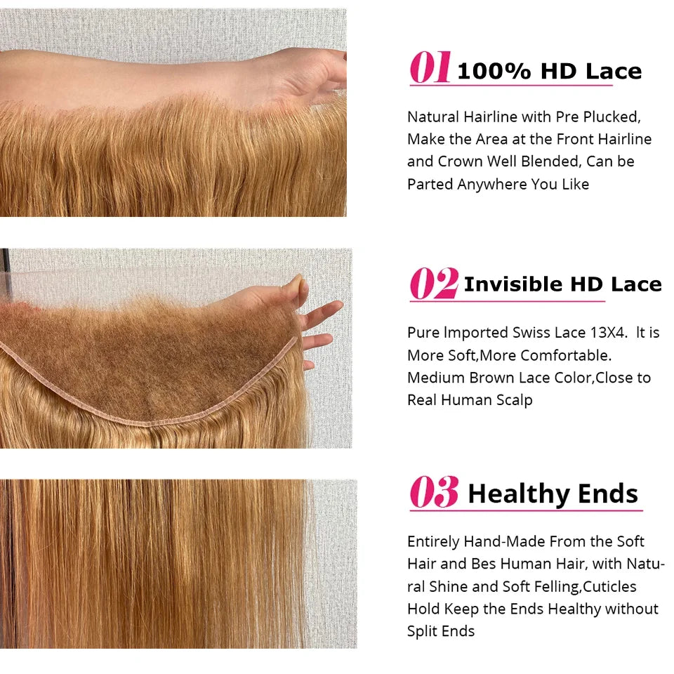 #27 Honey Blonde 13x6 Invisible HD Lace Frontal Bone Straight 6x6 HD Lace Melt Skin Human Hair 100% HD Lace With Small Knots