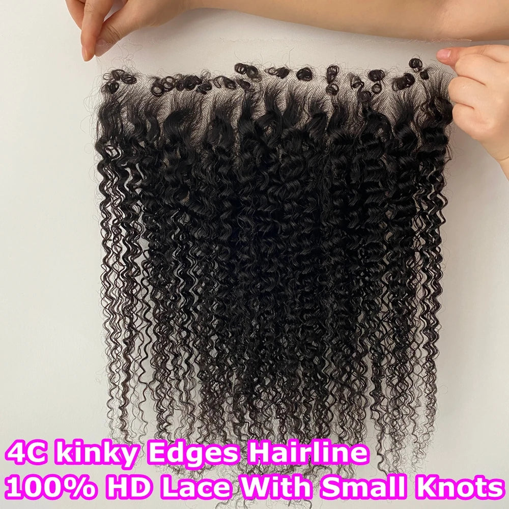Invisible Real HD Full Long 13x6 Lace Frontal Only Kinky Curly 4C kinky Edges Melt Skin Pre Plucked Swiss HD Closure Human Hair